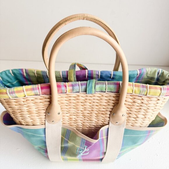 Ralph Lauren Woven Plaid Pastel Fabric Detail Small Basket Tote - Picture 3 of 8